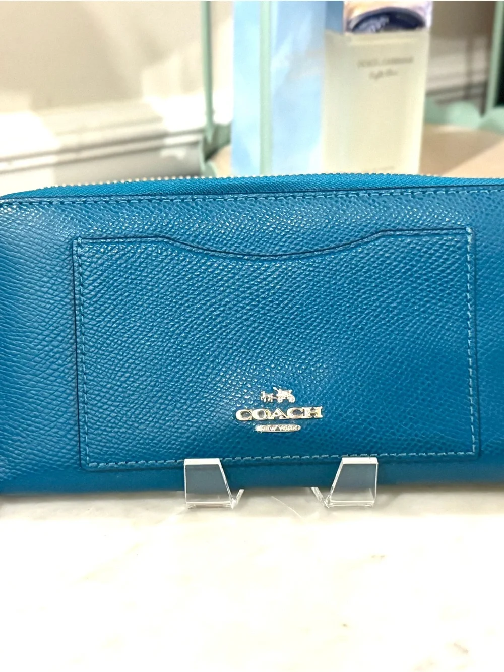 Coach Teal Pebbled Leather Zip Wallet with Front Card Slot